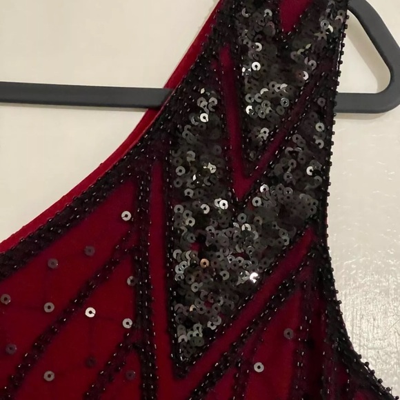 Vampy Gothic Maxi Dress- Black Mesh and Sequins over Red lining w/ Tassels LARGE - Picture 8 of 14